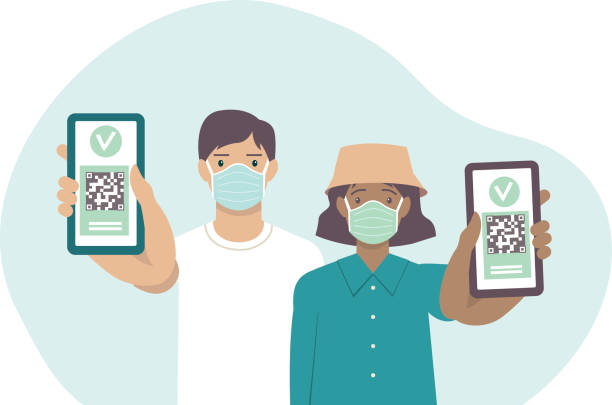 Young vaccinated people using digital health passports. Adult man and woman showing an app in mobile phone. Immunization certificate with qr code on device screen. Green immunity pass. vector art illustration