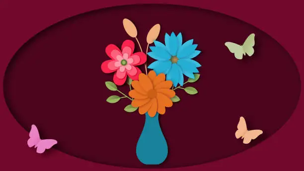 Vector illustration of paper cut out flowers and butterflies