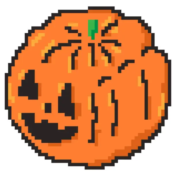 Vector illustration of Pumpkin pixel art vector Halloween character isolated on a white background.