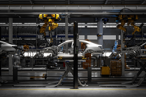 Car on robotic welding line. Automated production line in a car plant. 3d Rendering,