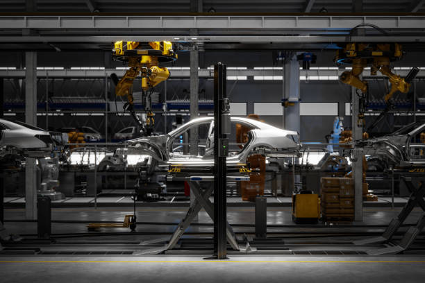 3d render of a car on robotic welding line Car on robotic welding line. Automated production line in a car plant. 3d Rendering, automobile industry stock pictures, royalty-free photos & images