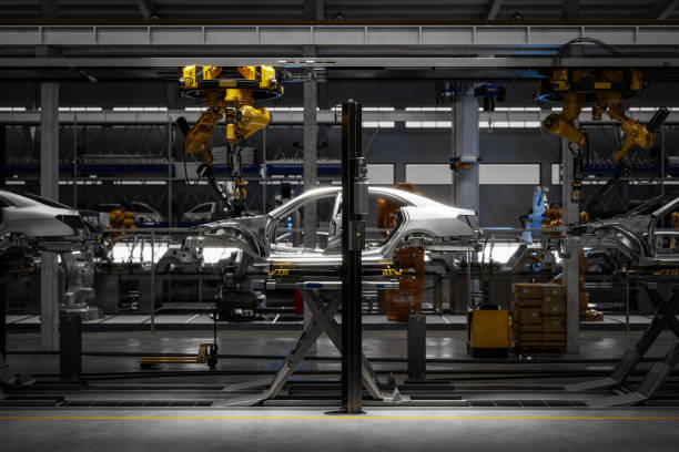3d рендер автомобиля на роботизированной сварочной линии - car industry robot arm car plant стоковые фото и изображения