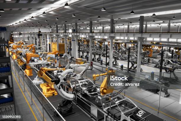 Cars On Production Line In Factory Stock Photo - Download Image Now - Manufacturing, Industry, Factory