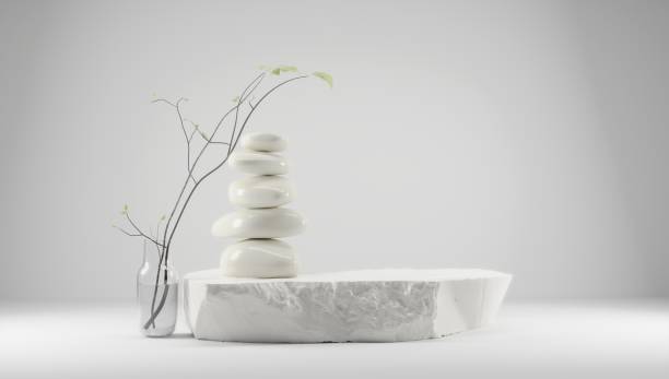 podium für produkt-display mit feng shui japandi stil lichtigen hintergrund mit steinen und pflanzen. 3d-rendering. - feng shui stock-fotos und bilder