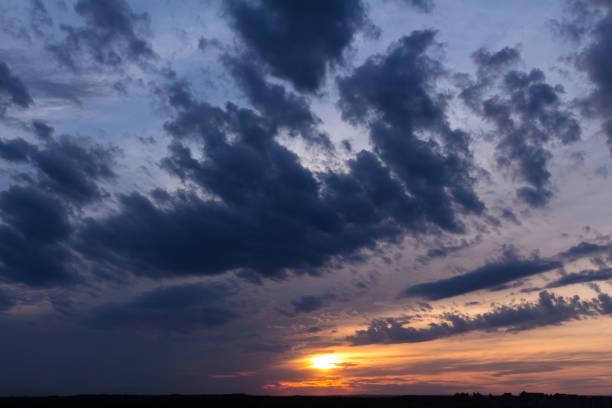 Bright sunset with colorful clouds over the horizon in the evening
