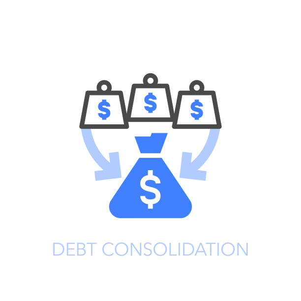символ консолидации долга с мешком денег для погашения ряда небольших кредитов - ohtani stock illustrations