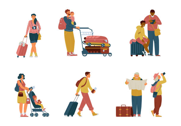 zestaw znaków na lotnisku z walizkami - women travel tourist suitcase stock illustrations