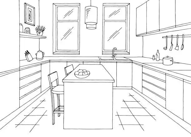 Vector illustration of Kitchen room graphic black white home interior sketch illustration vector