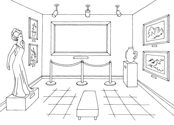 Museum interior graphic black white empty blank picture frame sketch illustration vector Museum interior graphic black white empty blank picture frame sketch illustration vector art museum illustrations stock illustrations