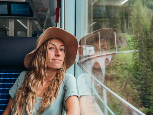 istock Woman traveling by train looking from the window enjoying passing scenery 1320956008