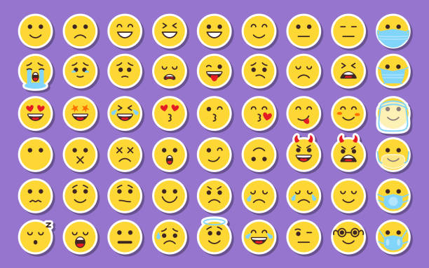 illustrations, cliparts, dessins animés et icônes de emoji autocollant jaune visage icône étiquette ensemble de vecteurs - émoticon