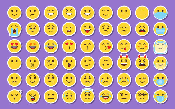 Emoji yellow sticker face icon label vector set Emoji yellow sticker face icons set. Smile tags with shadow in cartoon style. Collection labels emoticon. Mood emotion sign for digital chat apps or web, patch or pin for packing. Vector illustration emoji stock illustrations