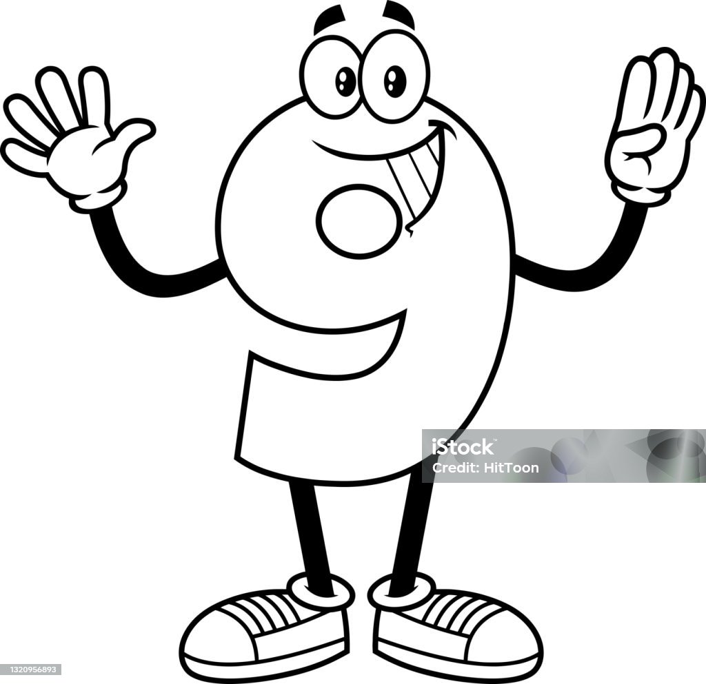 Outlined Funny Number Nine 9 Cartoon Character Showing Hands Number Nine  Stock Illustration - Download Image Now - iStock