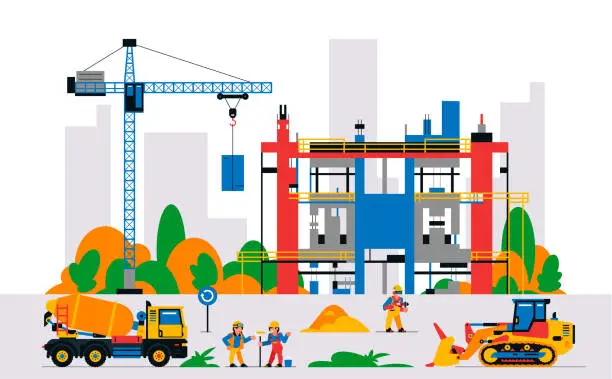 Vector illustration of Construction site with equipment and workers. Building under construction against the background of the city. Unfinished building, builders, bulldozer, crane, concrete mixer. Vector illustration