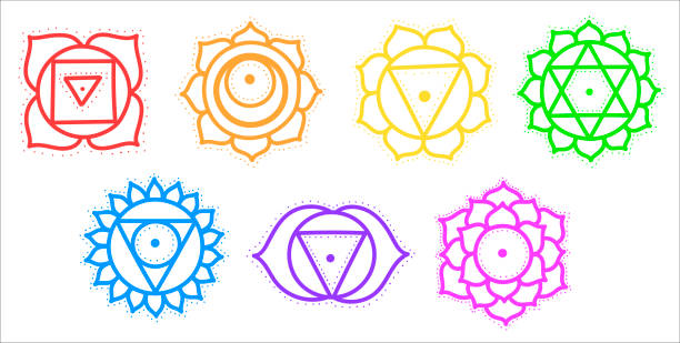 illustrazioni stock, clip art, cartoni animati e icone di tendenza di illustrazione vettoriale piatta del simpatico set di chakra dei cartoni animati. yantras, yoga. - vishuddha