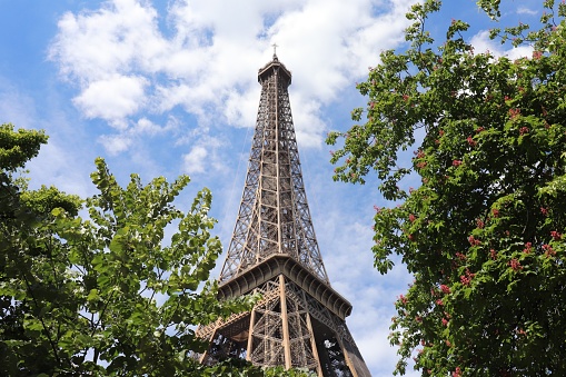 The Eiffel Tower, 324 meter high metal tower built in 1889, seen from the outside, city of Paris, France