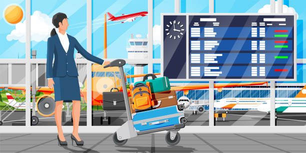 kobieta i ciężarówka pełna toreb na lotnisku - luggage cart baggage claim luggage hand truck stock illustrations