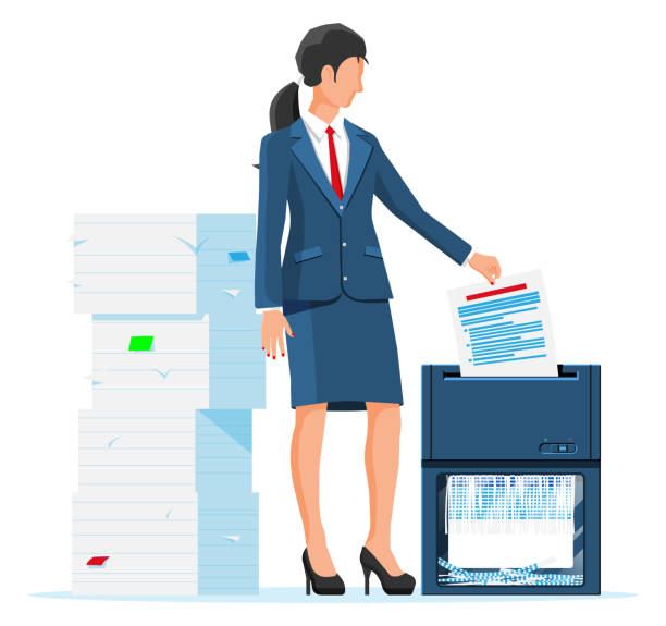 kobieta pracownik biurowy rozdrabniania dokumentów. - paper shredder isolated paper demolished stock illustrations