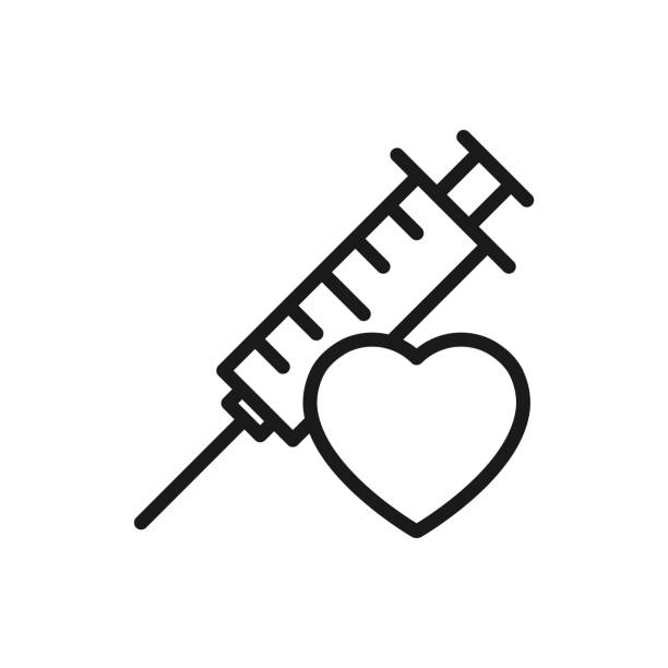 ilustrações, clipart, desenhos animados e ícones de seringa médica com ícone da linha do coração. - vacina