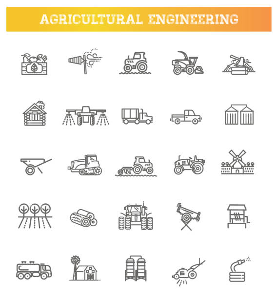 landwirtschaftliche und landwirtschaftliche maschinen symbole set mit traktor kombinieren flache vektor-illustration - agriculture stock-grafiken, -clipart, -cartoons und -symbole