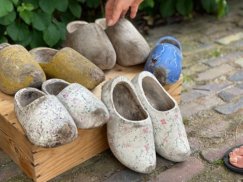 Nostalgic Dutch wooden shoes in close up composition
