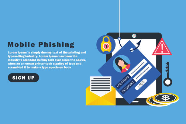illustrazioni stock, clip art, cartoni animati e icone di tendenza di concetto di phishing mobile - internet spam e mail crime