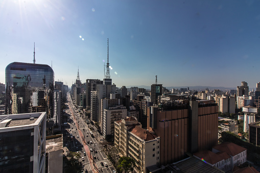 Panoramic aerial view of Paulista Avenue on sunny day of blue sky