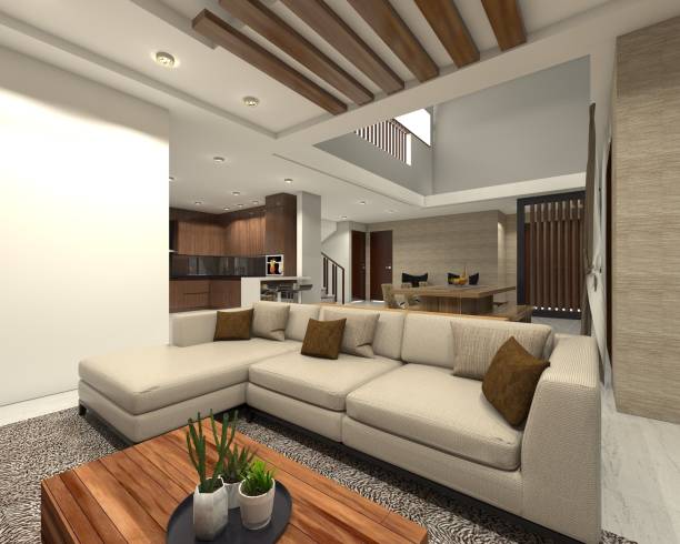 istock Modern Living Room Design With Comfortable Sofa And Wooden Coffee Table 1320968268