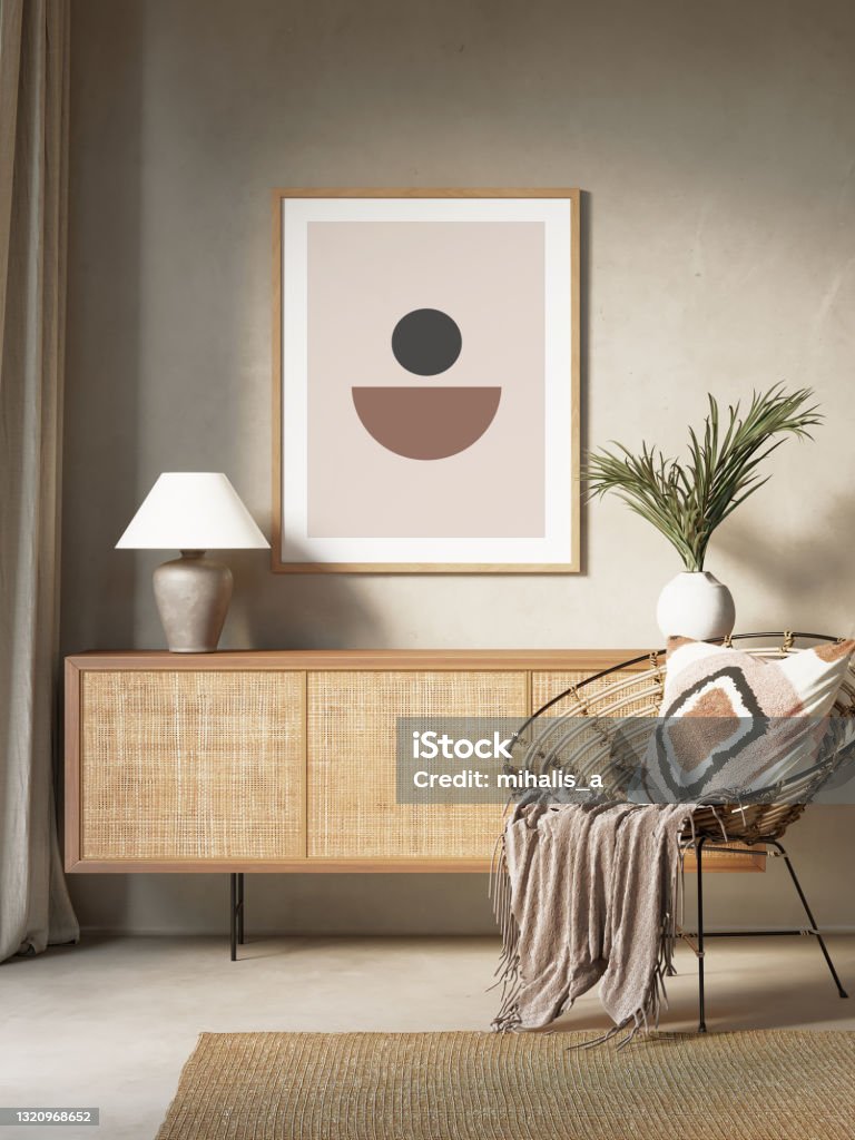 3d boho interior with wicker sideboard and a round rattan chair 3d boho interior with wicker sideboard,a round rattan chair with ikat cushion and a linen throw, a minimal wooden frame and a jute carpetn Indoors Stock Photo