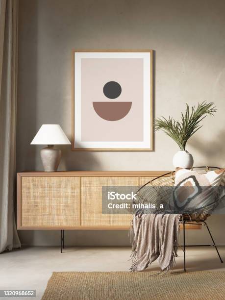 3d Boho Interior With Wicker Sideboard And A Round Rattan Chair Stock Photo - Download Image Now