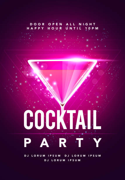 vektor happy hour cocktail disco party poster mit detail-glas und funkelt. flyer-event-design-vorlage - party hat cocktail time drink stock-grafiken, -clipart, -cartoons und -symbole