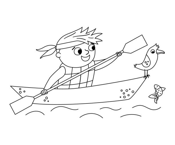 illustrazioni stock, clip art, cartoni animati e icone di tendenza di vector ragazzo in kayak in bianco e nero. scena di rafting in linea falò con un bambino carino in barca con pagaia e gabbiano. icona del profilo dell'attività acquatica all'aperto o del campeggio estivo o del viaggiatore. - 4812