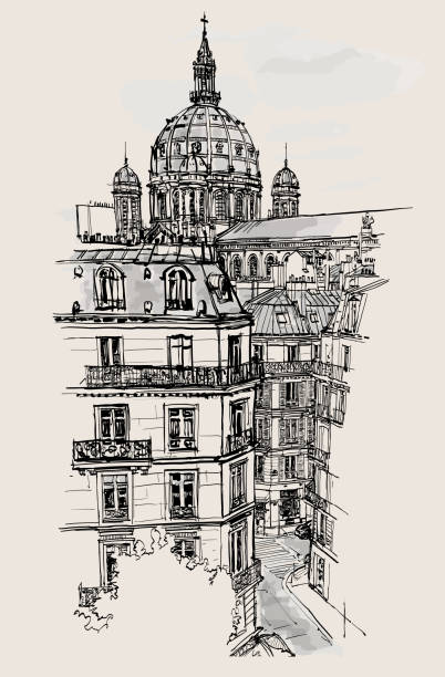 illustrazioni stock, clip art, cartoni animati e icone di tendenza di parigi, veduta della chiesa di saint-augustin - paris