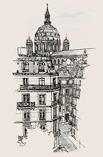 Paris, view of Saint-Augustin church. Famous landmark of the city - vector illustration