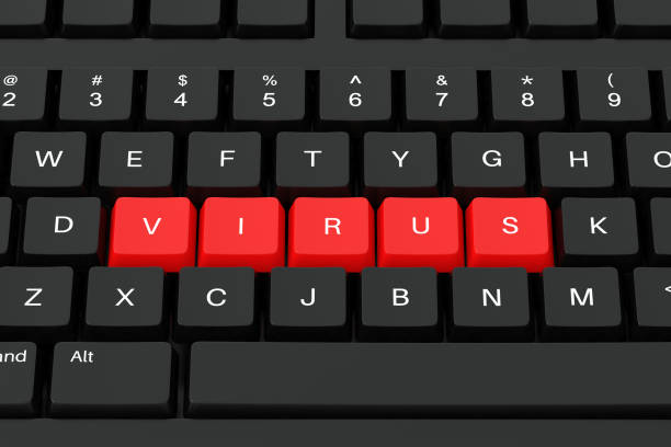 istock Virus sign written with red keys on a black keyboard. 3d render illustration 1320970672