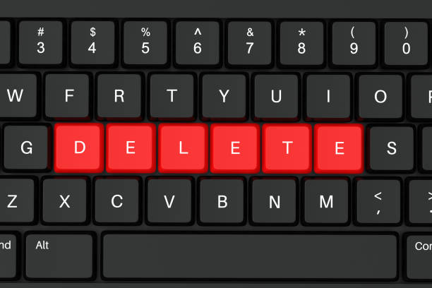 Delete word in red keys on a black pc keyboard. 3d render illustration