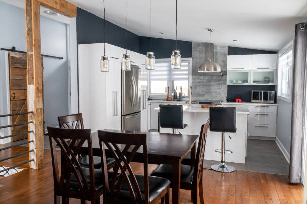 elegant new modern home interior dining room and kitchen