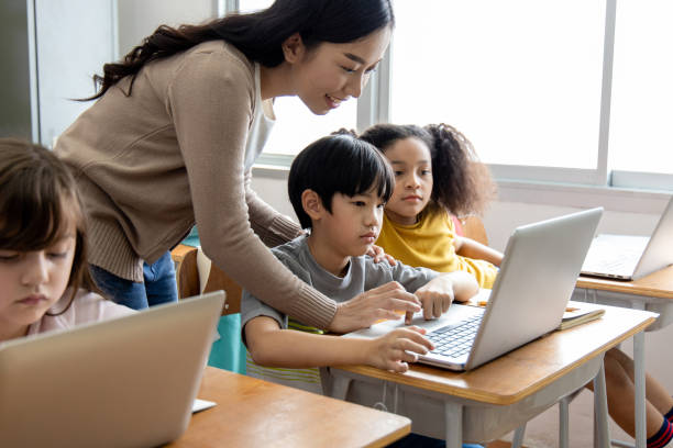 istock An Asian female teacher teaches primary school students to use computers and tablets to search for knowledge and information through the Internet. Classroom diversity students. Back to school concept 1320972263