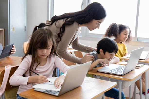 istock An Asian female teacher teaches primary school students to use computers and tablets to search for knowledge and information through the Internet. Classroom diversity students. Back to school concept 1320972264
