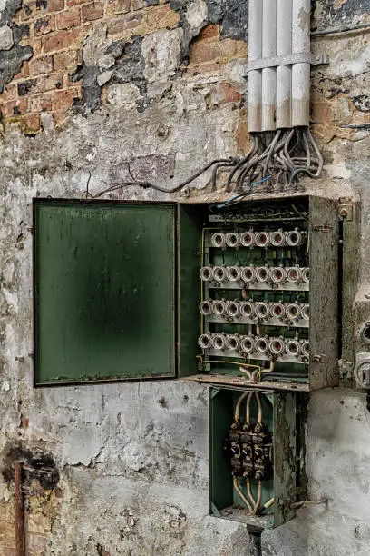 Old fuse box in a former dilapidated factory