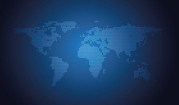벡터 추상, 과학, 미래, 에너지 기술 개념. 빛의 광선의 디지털 이미지, 푸른 빛이있는 줄무늬 선, 어두운 파란색 배경의 세계지도 - world map stock illustrations