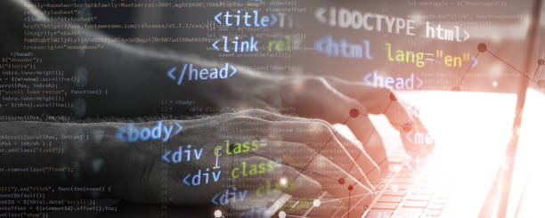 web programming language banner computer language html and css. website technology internet concept fron-end banner. mixed media html stock pictures, royalty-free photos & images