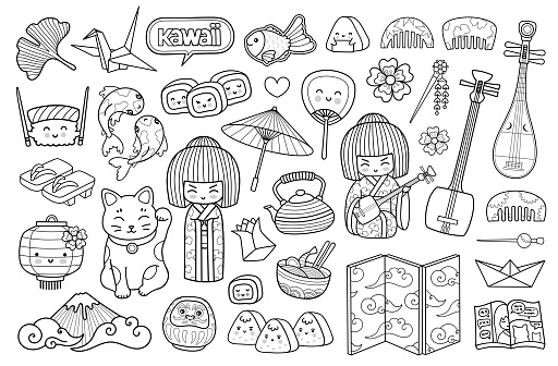 Big Set Of Asian Japanese Symbols Outline Illustration For Coloring Book  Tattoo Print Stickers Stock Illustration - Download Image Now - iStock