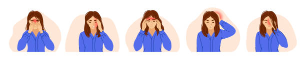 kuvapankkikuvitukset aiheesta nainen kärsii erilaisista päänsäryistä. sinus, jännitys, verenpainetauti, migreeni ja rypälepäänsärky. - headache