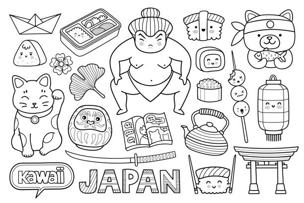 ilustraciones, imágenes clip art, dibujos animados e iconos de stock de sushi, daruma doll, origami, maneki neko, luchador de sumo y manga. símbolos y elementos japoneses famosos. viaje a japón, tokio. ilustración vectorial de contorno. - ginkgo tree ginkgo tree japan