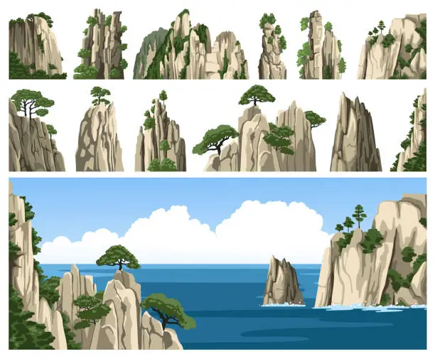 Vector illustration of Set of rocks, cliffs, mountains peaks and stones isolated on white background.