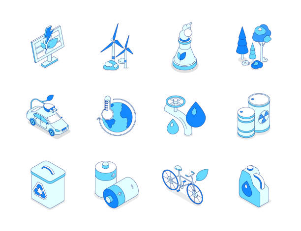 illustrazioni stock, clip art, cartoni animati e icone di tendenza di stile di vita eco - set di icone isometriche della linea moderna - water conservation illustrations