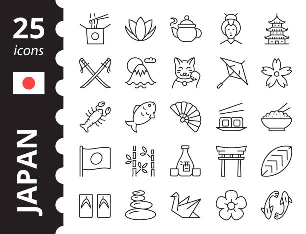 illustrations, cliparts, dessins animés et icônes de jeux d’icônes japon. symboles dans un style linéaire simple. - sakura traditional culture japanese culture japan