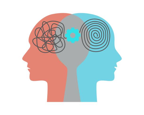 Two head silhouette with gear, tangle, spiral. Bipolar disorder mind mental concept. Two head silhouette with gear, tangle, spiral. Bipolar disorder mind mental concept. Mental health, psychology, balance in vector flat illustration. Icon for web design, card, banner, flyer chaos stock illustrations