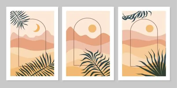 Vector illustration of Set of aesthetic modern natural abstract landscape background with mountain, arch, leaf, sky, sun and moon.